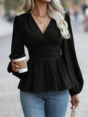 CASUAL V-NECK LONG SLEEVE RUCHED SHIRT