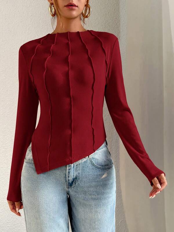 Women's Mock Neck Seam Detail Split Hem Tee