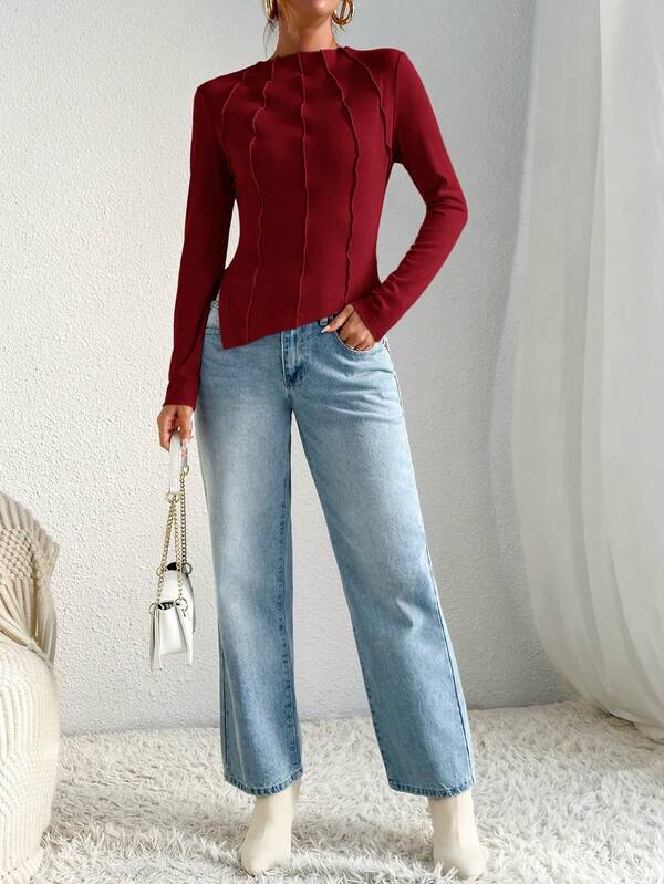 Women's Mock Neck Seam Detail Split Hem Tee