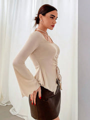CRISSCROSS DRAWSTRING HALTER NECK TIE TOP