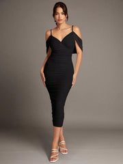 OFF-SHOULDER PLEATED SUSPENDER LONG DRESS