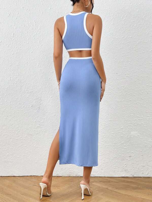 Contrast Binding Cut Out Split Thigh ,Backless Dress