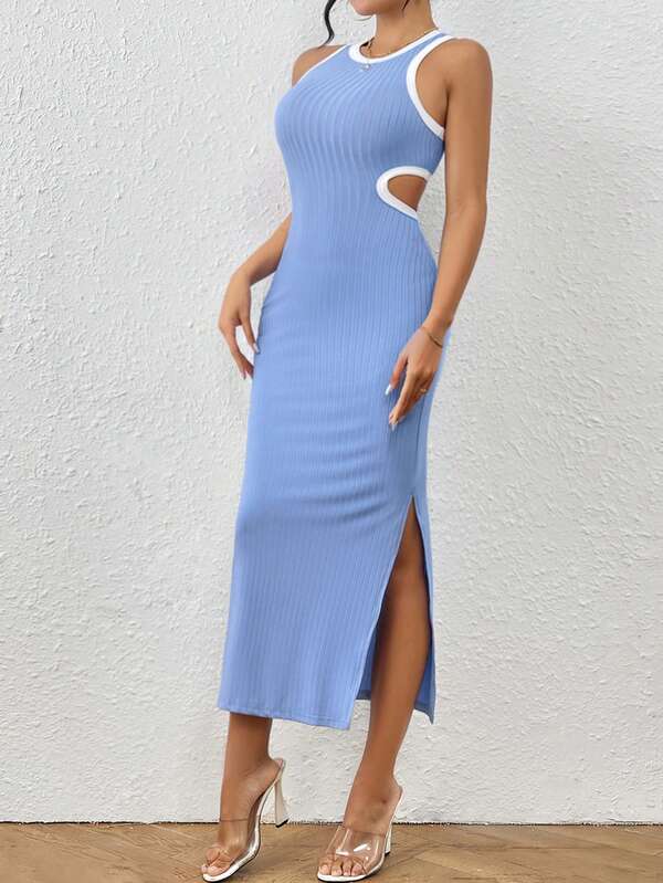 Contrast Binding Cut Out Split Thigh ,Backless Dress