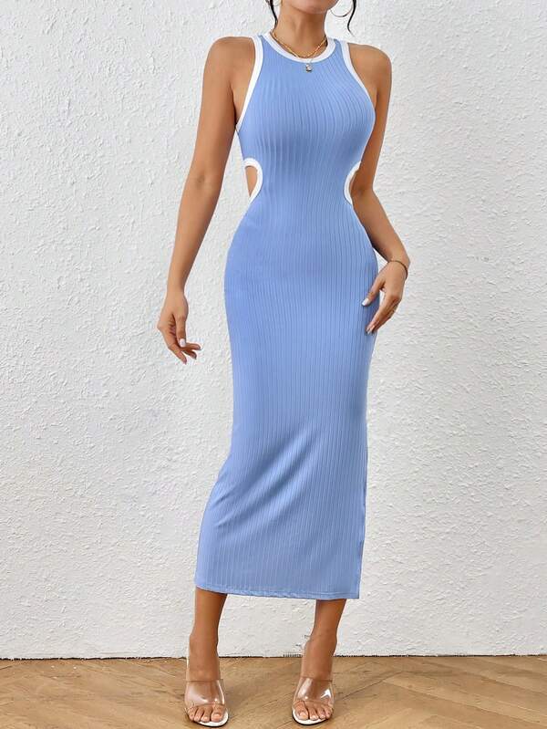 Contrast Binding Cut Out Split Thigh ,Backless Dress