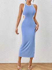 Contrast Binding Cut Out Split Thigh ,Backless Dress