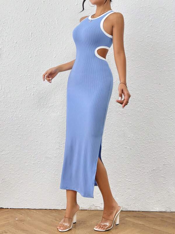 Contrast Binding Cut Out Split Thigh ,Backless Dress