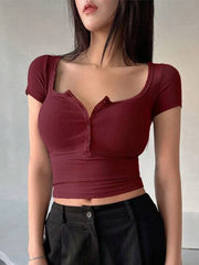 Women Square Neck Button Up Slim Fit Half Placket Summer T-Shirt