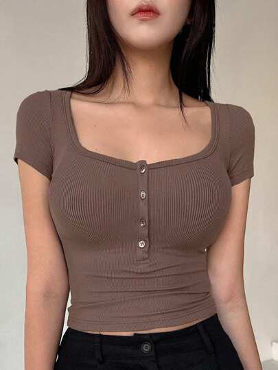 Women Square Neck Button Up Slim Fit Half Placket Summer T-Shirt