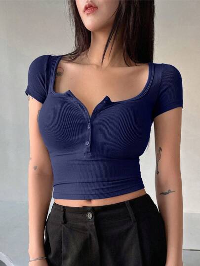 Women Square Neck Button Up Slim Fit Half Placket Summer T-Shirt
