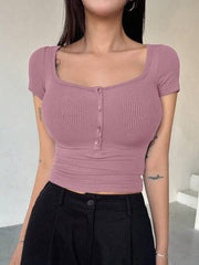 Women Square Neck Button Up Slim Fit Half Placket Summer T-Shirt
