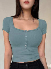 Women Square Neck Button Up Slim Fit Half Placket Summer T-Shirt