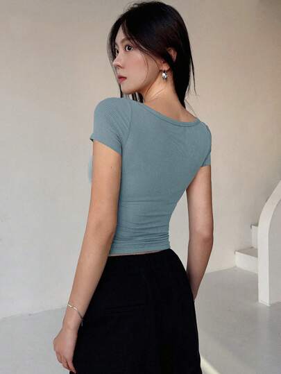 Women Square Neck Button Up Slim Fit Half Placket Summer T-Shirt