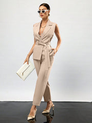 Womens Solid Color Sleeveless Vest And Suit Set