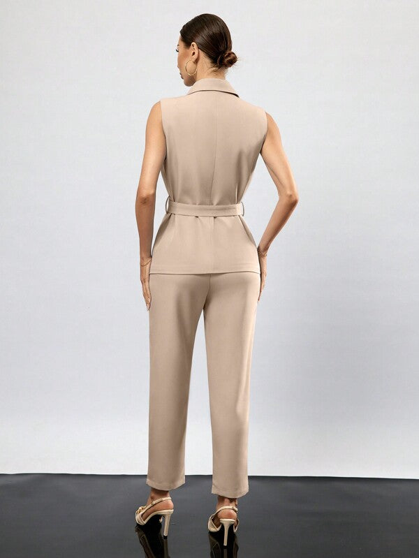 Womens Solid Color Sleeveless Vest And Suit Set