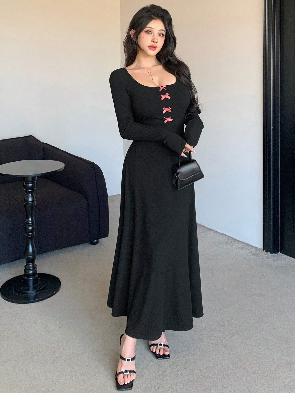 BOWKNOT LONG SLEEVE DRESS