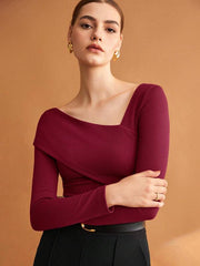 Women Solid Brown Elastic Foldable Slim Asymmetric Collar T-Shirt