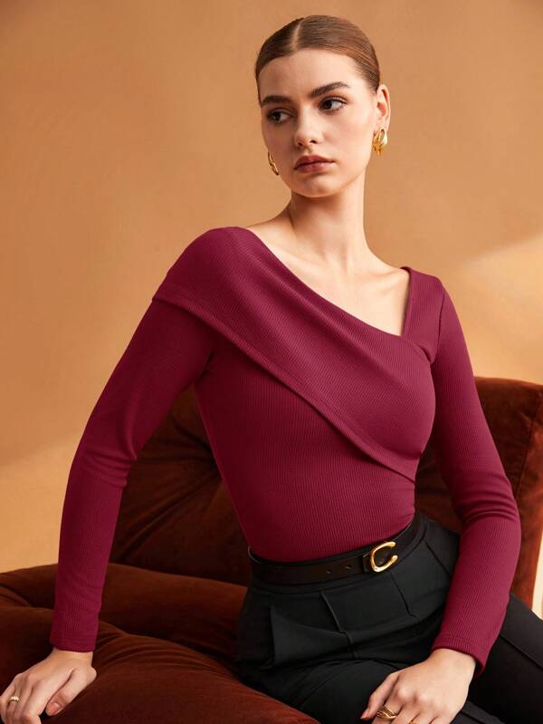 Women Solid Brown Elastic Foldable Slim Asymmetric Collar T-Shirt