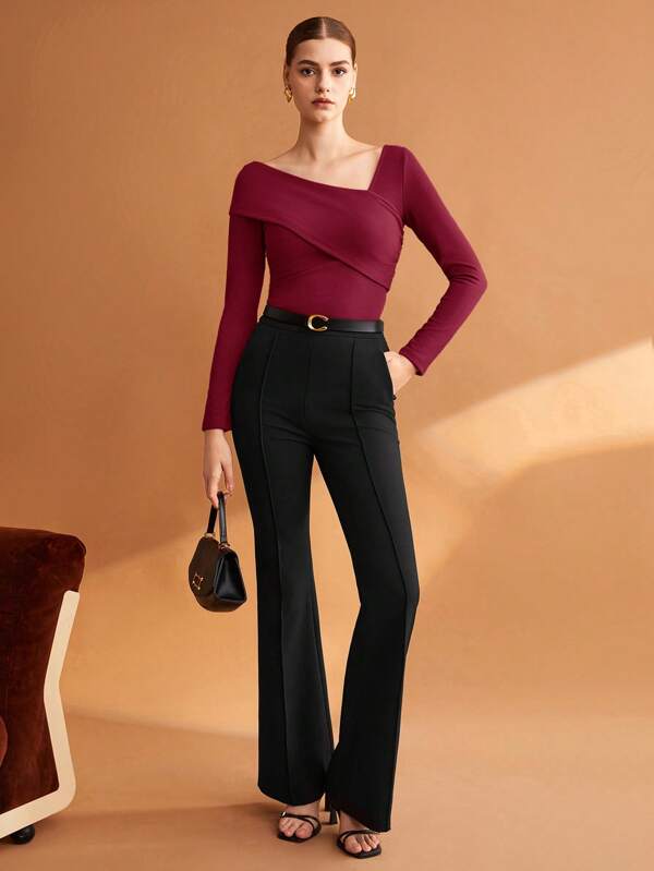 Women Solid Brown Elastic Foldable Slim Asymmetric Collar T-Shirt