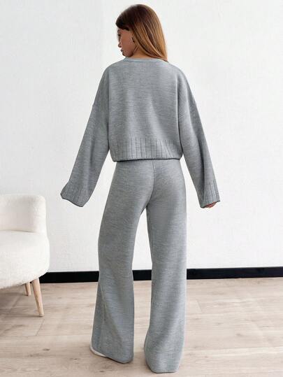 Women's Embroidery Detailed Round Neck Bell Sleeve Pullover And Wide Leg Sweater Pant Two Piece Outfit Set