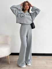 Women's Embroidery Detailed Round Neck Bell Sleeve Pullover And Wide Leg Sweater Pant Two Piece Outfit Set
