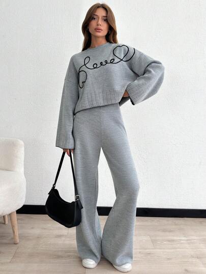 Women's Embroidery Detailed Round Neck Bell Sleeve Pullover And Wide Leg Sweater Pant Two Piece Outfit Set