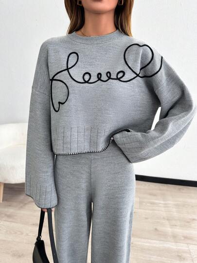 Women's Embroidery Detailed Round Neck Bell Sleeve Pullover And Wide Leg Sweater Pant Two Piece Outfit Set
