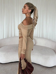 OFF SHOULDER LONG SLEEVE TOP AND FISH TAIL SLIT FITTED SKIRT