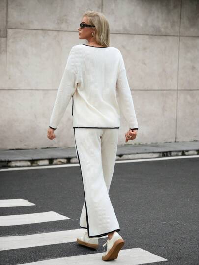 Casual Straight Leg Long Sleeve Top & Pants Set