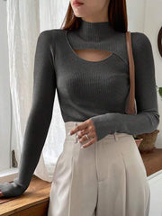 CUT OUT MOCK NECK RIBBED KNIT TEE