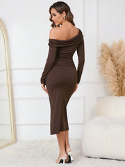ASYMMETRIC NECK RUCHED KNIT SIDE SPLIT DRESS