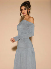 ASYMMETRIC NECK PLEATED SLIM FIT LONG SLEEVE TOP AND SKIRT