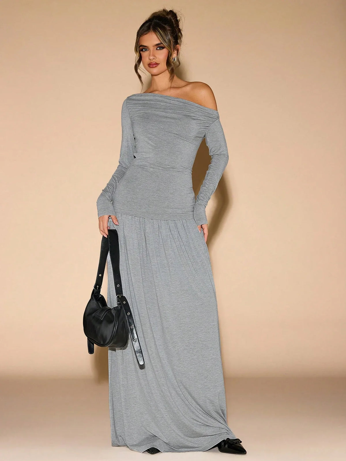 ASYMMETRIC NECK PLEATED SLIM FIT LONG SLEEVE TOP AND SKIRT