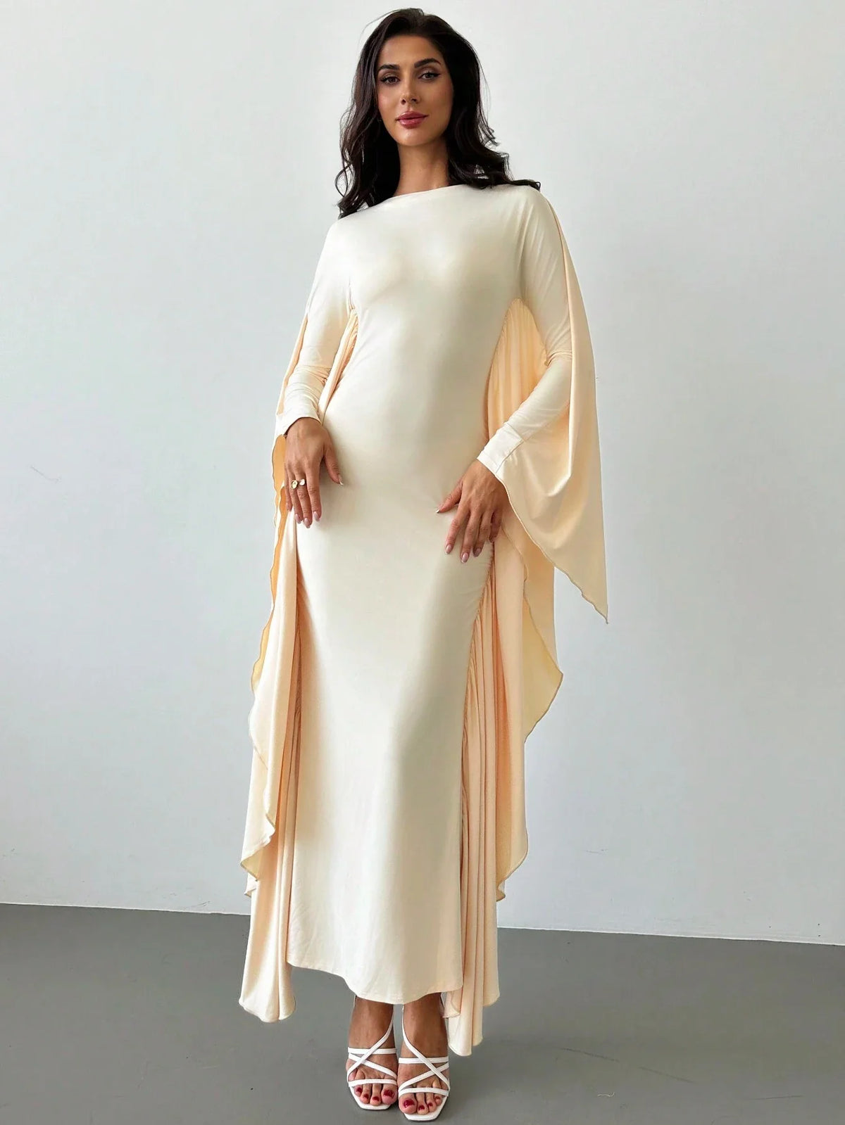 BOAT NECK LONG SLEEVE WAVY DRAPE DRESS