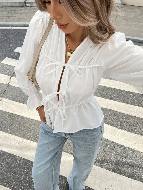 Women's Casual Solid Color Tie Up Shirt