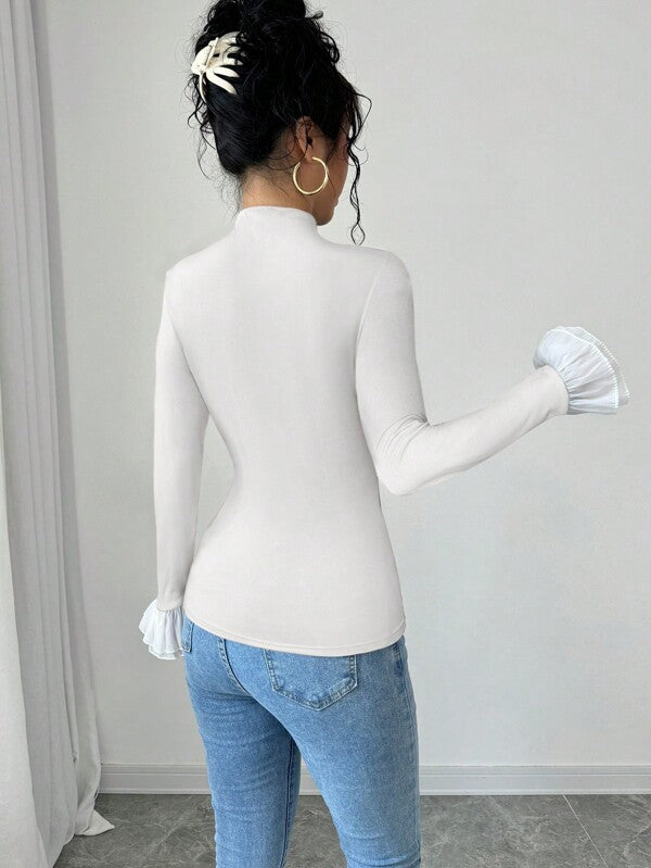 Mock Neck Color-Block Bell Sleeve Fitted T-Shirt