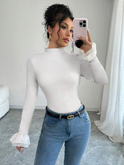 Mock Neck Color-Block Bell Sleeve Fitted T-Shirt