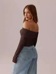 ASYMMETRICAL PLEATED LONG-SLEEVED TOP