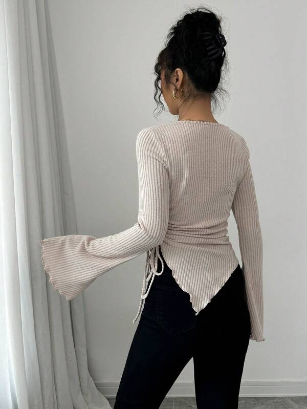 Women's Turtleneck Flare Sleeve Asymmetrical Hem Drawstring Top