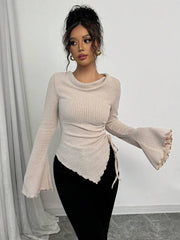 Women's Turtleneck Flare Sleeve Asymmetrical Hem Drawstring Top