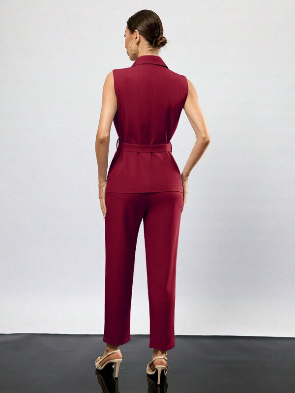 Womens Solid Color Sleeveless Vest And Suit Set