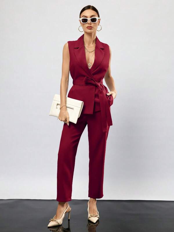 Womens Solid Color Sleeveless Vest And Suit Set