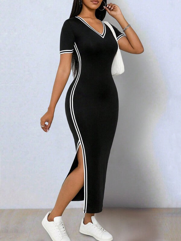 Bodycon Asymmetric Hem Slit V-Neck Short Sleeve