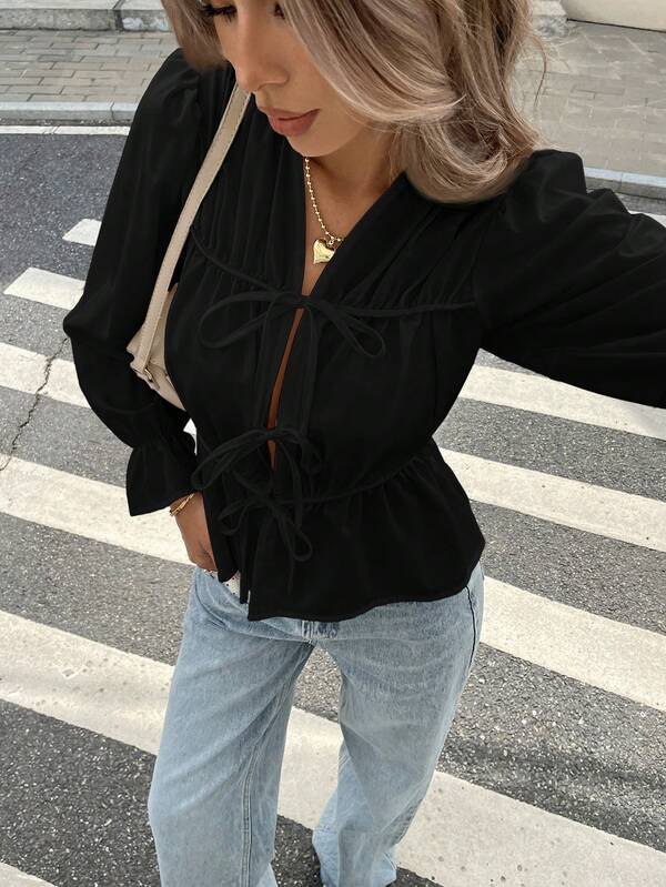 Women's Casual Solid Color Tie Up Shirt