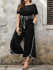 Women Crew Neck Short Sleeve Top And Pocket Front Wide Leg Pants