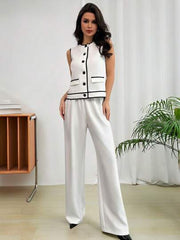 Women Contrast Trim Button Sleeveless Top And High Waist Pants
