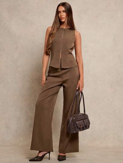 Women's 2pcs Set  Notch Neck Double-Zipper Waist Casual
