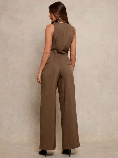 Women's 2pcs Set  Notch Neck Double-Zipper Waist Casual
