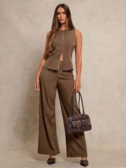 Women's 2pcs Set  Notch Neck Double-Zipper Waist Casual