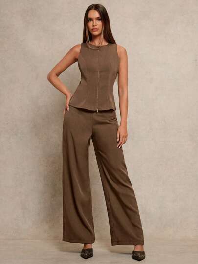 Women's 2pcs Set  Notch Neck Double-Zipper Waist Casual