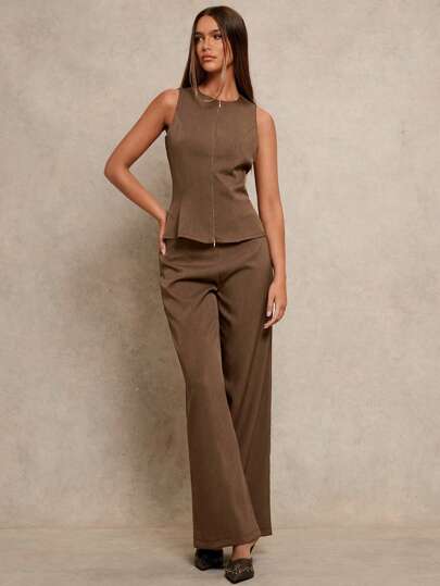 Women's 2pcs Set  Notch Neck Double-Zipper Waist Casual